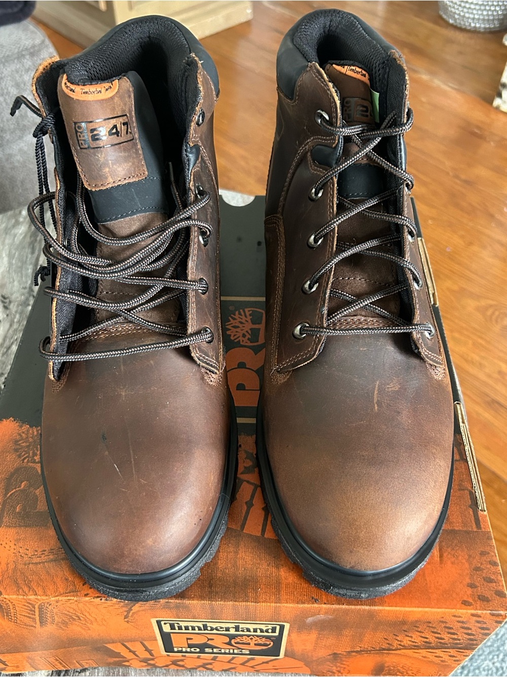 Timberland Brown Leather Work Boots with Black Collar